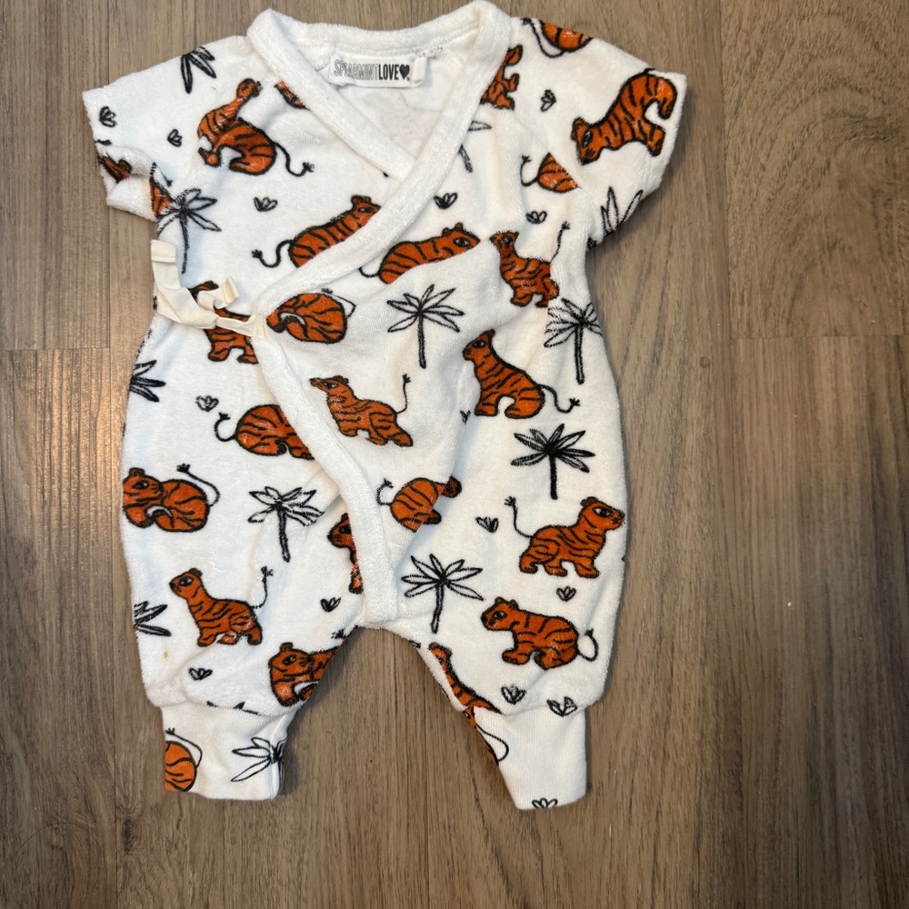Spearmint White and Orange Tiger Print Baby Onesie Terrycloth Size NB